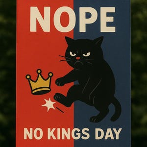 国王記念日反対の抗議ポスター - 怒った黒猫の反君主制の看板 - 大胆な政治的壁アート - ピケ、旗、または印刷用のデジタルダウンロード