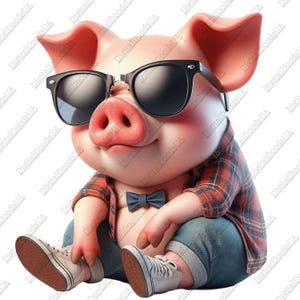 Cerdo genial con gafas de sol Clipart – PNG digital con fondo transparente.Clipart de animales png.Cerdo divertido pegado.
