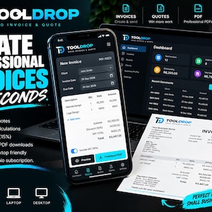Puede incluir: Una interfaz digital para el software ToolDrop mostrada en un teléfono inteligente y una pantalla de portátil, con herramientas de creación de facturas y presupuestos. Un documento de factura impreso muestra el logotipo de ToolDrop.