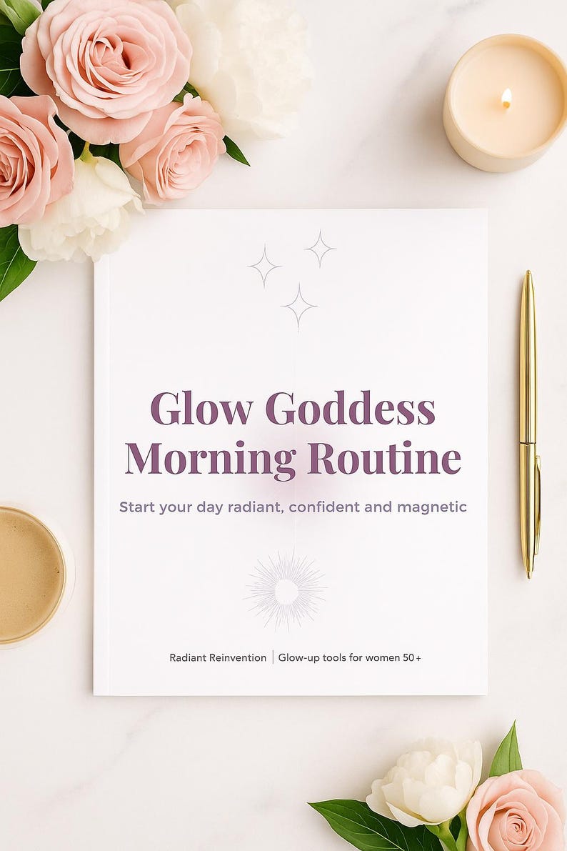 Op de afbeelding: Een wit boek met de titel "Glow Goddess Morning Routine" met de tekst "Start your day radiant, confident and magnetic". Het boek is omringd door roze rozen, een brandende kaars en een gouden pen. Het boek is voor vrouwen van 50+.