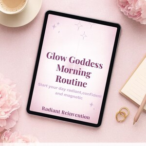 Op de afbeelding: Een digitale tablet toont de tekst "Glow Goddess Morning Routine" met ondersteunende tekst en sterrenafbeeldingen. De tablet ligt op een roze ondergrond met een kopje koffie, bloemen, een notitieboekje en gouden ringen. De tekst "Printable PDF Guide" is ook zichtbaar.
