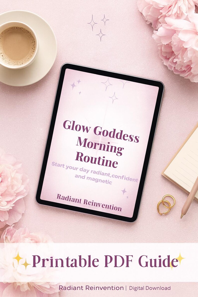 Op de afbeelding: Een digitale tablet toont de tekst "Glow Goddess Morning Routine" met ondersteunende tekst en sterrenafbeeldingen. De tablet ligt op een roze ondergrond met een kopje koffie, bloemen, een notitieboekje en gouden ringen. De tekst "Printable PDF Guide" is ook zichtbaar.