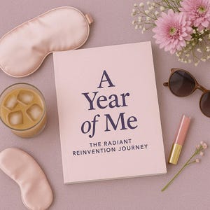 K&ouml;nnte beinhalten: Eine Draufsicht mit einem Buch mit dem Titel "A Year of Me" und dem Untertitel "The Radiant Reinvention Journey". Die Szene umfasst eine Schlafmaske, ein Glas Eisgetr&auml;nk, eine Sonnenbrille, Lippenstift und rosa Blumen, alles auf einer lavendelfarbenen Oberfl&auml;che.
