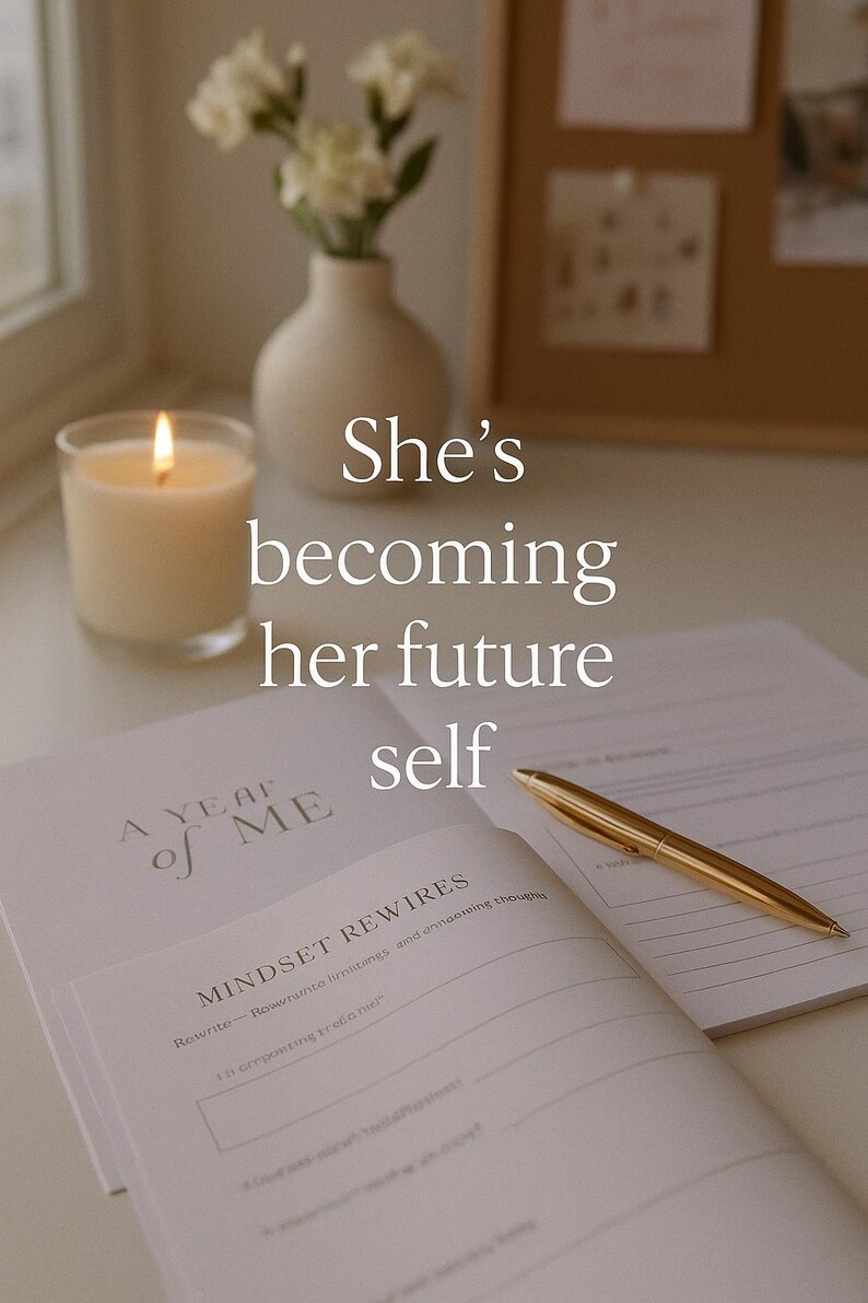 K&ouml;nnte beinhalten: Eine brennende Kerze in einem Glas, eine wei&szlig;e Vase mit Blumen und ein offenes Notizbuch mit einem goldenen Stift. Das Notizbuch tr&auml;gt den Text "A Year of Me" und "Mindset Rewires". Das Bild enth&auml;lt auch den Text "She's becoming her future self".