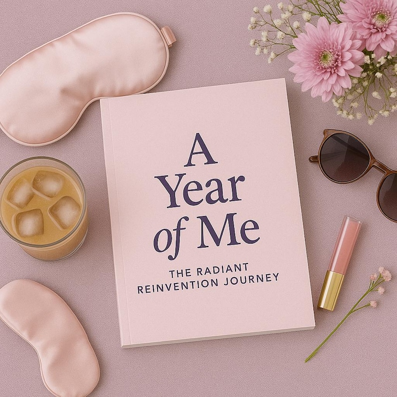 K&ouml;nnte beinhalten: Eine Draufsicht mit einem Buch mit dem Titel &bdquo;A Year of Me&ldquo; und dem Untertitel &bdquo;The Radiant Reinvention Journey&ldquo;. Die Szene umfasst eine Schlafmaske, ein Glas Eisgetr&auml;nk, eine Sonnenbrille, Lippenstift und rosa Blumen, alles auf einer lavendelfarbenen Oberfl&auml;che.