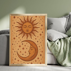 Boho Sun and Moon Digital Wall Art, Celestial Vintage Digital Print, Terracotta Spiritual Digital Wall Art, Sun and Moon Line Wall Art Print