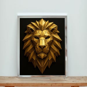 Geometric Lion Head Digital Wall Art, Golden Geometric Lion Print, Futuristic Lion Wall Art Download, Modern Geometric Lion Poster, Wall Art