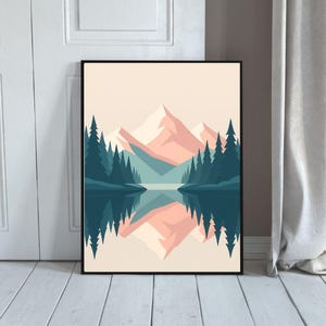 Minimalistische Bergsee Wandkunst, Gelassene Natur Landschaft Poster, Pastell Alpiner Berg Druck, moderne Natur Wandkunst, Bergwald Kunst
