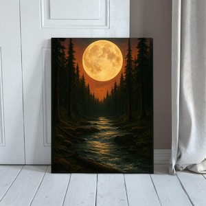 Arte mural de bosque con río iluminado por la luna, impresión de arte mural con escena de río con luna llena, impresión de paisaje natural tranquilo, póster de bosque, arte de escena natural serena