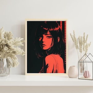 Retro Anime Girl Digital Wall Art, 80s 90s Japanese Wall Art, Dark Red Aesthetic Portrait, Vintage Anime Girl Poster, Anime Girl Print