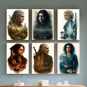 May include: Six framed art prints featuring portraits of characters from a fantasy series. Each portrait is set against a detailed background with thematic elements like swords, landscapes, and mystical objects. The color palette includes earthy tones and blues.