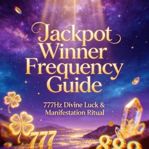 May include: A digital graphic featuring the text Jackpot Winner Frequency Guide, 777Hz Divine Luck & Manifestation Ritual, and united universe 888. The design includes glowing gold four-leaf clovers, the numbers 777 and 888, and a crystal.