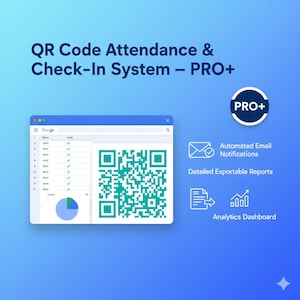Op de afbeelding: Digitale interface met een QR-code voor aanwezigheid en check-in. Het scherm toont een datatabel, een cirkeldiagram en de tekst "QR Code Attendance & Check-In System - PRO+". Pictogrammen voor meldingen, rapporten en analyses.