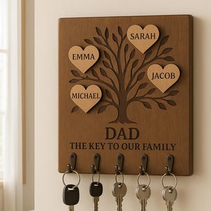 Gepersonaliseerde houten sleutelhouder stamboom – gegraveerde namen cadeau vader