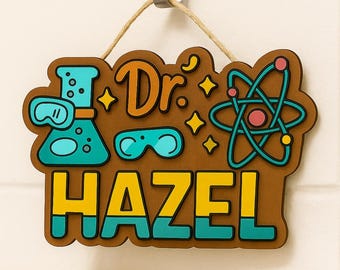 Personalized Chemistry Classroom Door Sign: 3D Beaker & Atoms Decor
