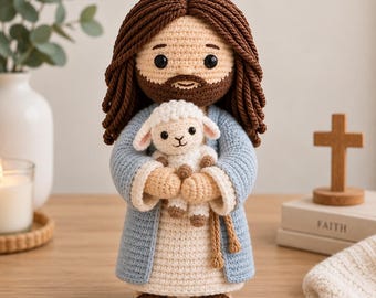 Handmade Crochet Jesus And Lamb Doll, Religious Amigurumi Plush, Christian Home Decor, Good Shepherd Bible Character, Faith Gift