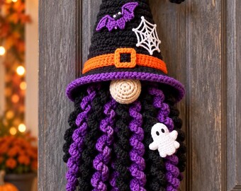 Witch Gnome Halloween Door Decor | Crochet Spooky Home Decoration | Handmade Halloween Wreath Alternative | Purple Black Gnome Art