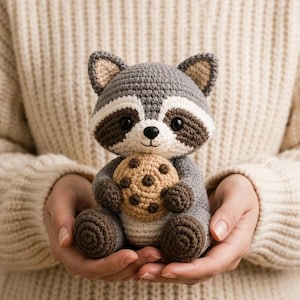 May include: A small, handcrafted crochet raccoon toy featuring grey, white, and dark brown yarn. The raccoon has black safety eyes, a small black nose, and is holding a round, tan-colored crochet cookie with dark brown embroidered chocolate chips.