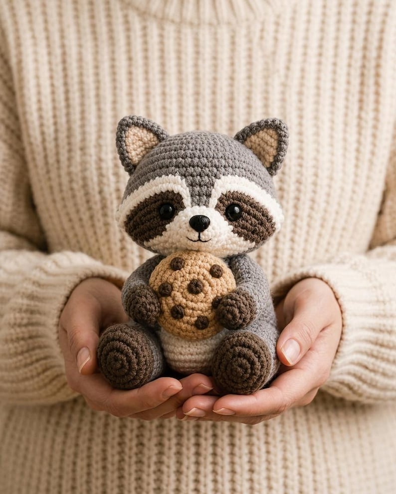 May include: A small, handcrafted crochet raccoon toy featuring grey, white, and dark brown yarn. The raccoon has black safety eyes, a small black nose, and is holding a round, tan-colored crochet cookie with dark brown embroidered chocolate chips.