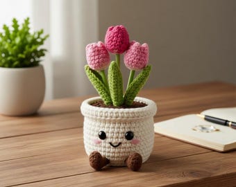 Crochet Tulip Plant with Smile Pot – Handmade Desk Decor