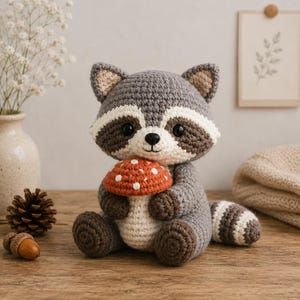 Handmade Crochet Raccoon Plushie With Cookie Amigurumi Animal Stuffed Toy Woodland Nursery Decor Baby Shower Gift Kids Room Accent image 8