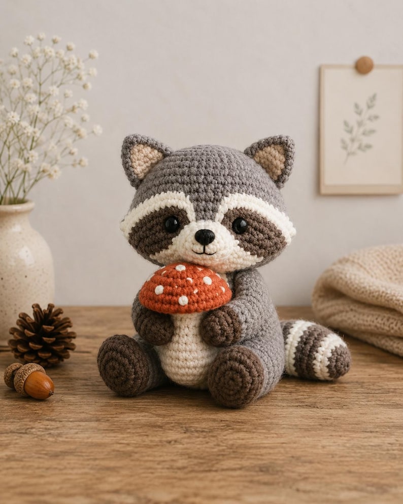 Handmade Crochet Raccoon Plushie With Cookie Amigurumi Animal Stuffed Toy Woodland Nursery Decor Baby Shower Gift Kids Room Accent image 8
