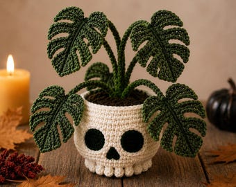 Handmade Crocheted Skull Planter With Monstera Plant Halloween Decor Spooky Gothic Home Art Unique Gift Creepy Cute Yarn