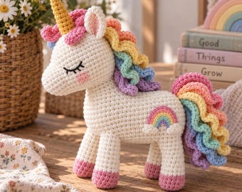 Whimsical Amigurumi Unicorn Plushie, Hand-Knitted Rainbow Soft Toy, Enchanting Baby Nursery Decor, Kids Room Animal Gift