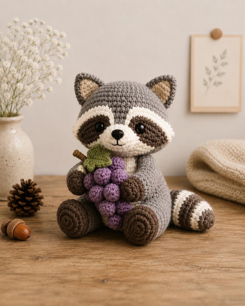 May include: A crocheted raccoon plush toy featuring gray and white yarn, black eye patches, and a striped tail. The raccoon is holding a cluster of purple crocheted grapes with a single green leaf. The toy has dark brown paws and ears.