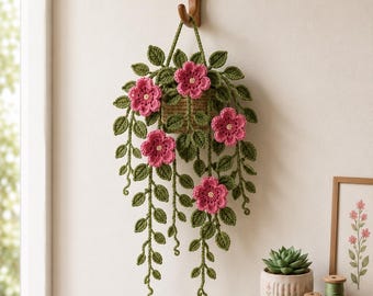 Handmade Crochet Hanging Plant Decor With Pink Flowers, Faux Greenery Wall Art, Boho Home Accent, Unique Crocheted Gift