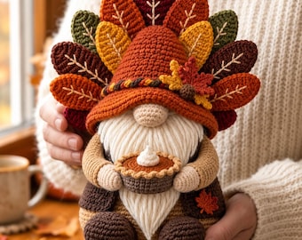 Handmade Crochet Thanksgiving Turkey Gnome, Amigurumi Harvest Shelf Sitter, Fall Tiered Tray Farmhouse Decor Gift
