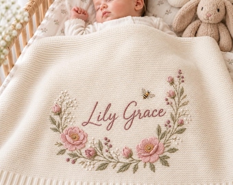Personalized Baby Name Blanket, Floral Embroidered Nursery Throw, Custom Newborn Keepsake, Baby Shower Birthday Gift for Girl, first gift