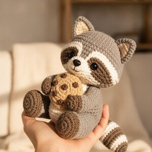 May include: A small, handcrafted crochet raccoon toy made with grey, white, and dark brown yarn. The raccoon has black plastic eyes, a small black nose, and is holding a round, tan-colored crochet cookie with dark brown spots in its paws.