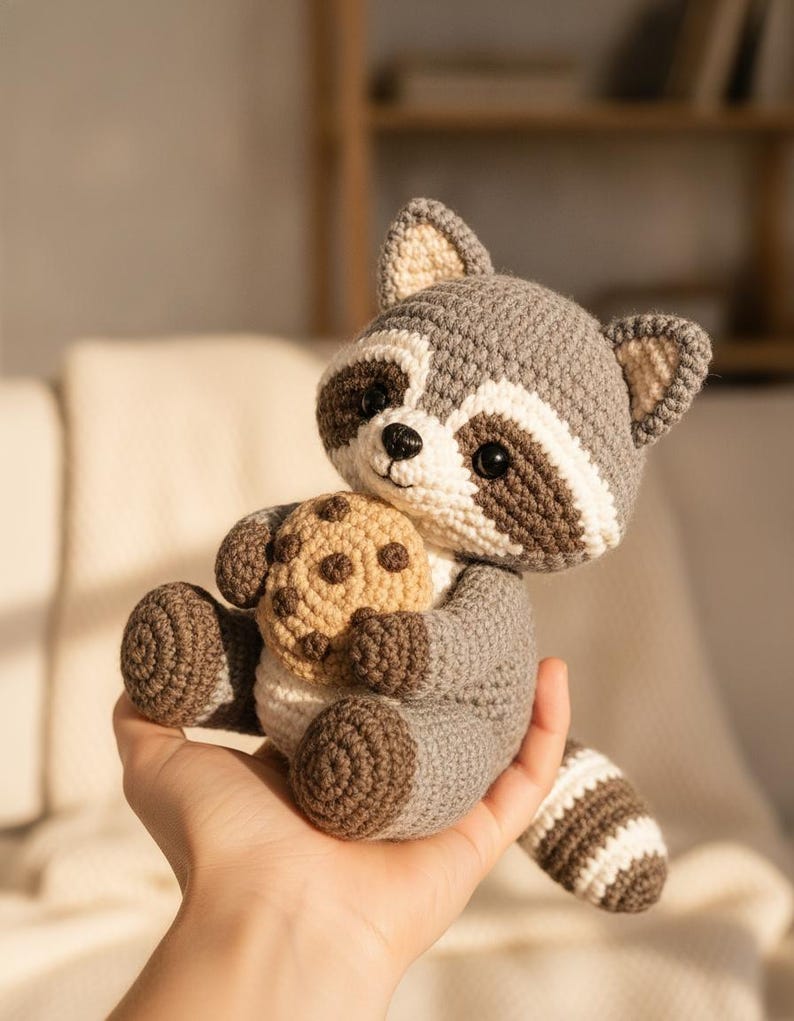 May include: A small, handcrafted crochet raccoon toy made with grey, white, and dark brown yarn. The raccoon has black plastic eyes, a small black nose, and is holding a round, tan-colored crochet cookie with dark brown spots in its paws.