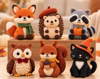 Fall Crochet Animals, Handmade Woodland Shelf Decor, Autumn Amigurumi Collection, Cute 6 Inch Tabletop Gift