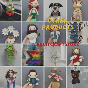 May include: A collection of various handmade crochet items including dolls, flowers, and decorative wall hangings. The assortment features figures of people, animals, and plants crafted with colorful yarn, displayed in a grid layout with text overlays.