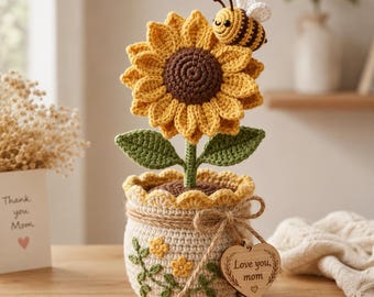 Handmade Crochet Sunflower Potted Plant With Cute Bee Amigurumi Unique Mother's Day Gift Desk Decor Home Accent Farmhouse Decor
