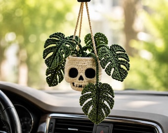 Handmade Crochet Skull Planter Car Charm, Monstera Plant Rear View Mirror Hanging Decor, Unique Goth Auto Accessory, Boho Gift