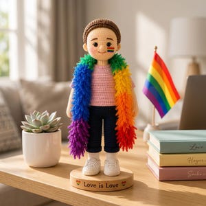 Può includere: Bambola all'uncinetto fatta a mano con una sciarpa arcobaleno e una bandiera arcobaleno. La bambola indossa una maglietta rosa, pantaloni blu scuro e scarpe bianche. La base in legno recita "Love is Love".