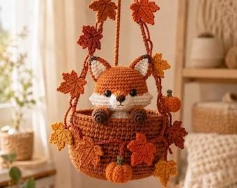 Crochet Fox Hanging Planter Autumn Decor, Amigurumi Fox Basket, Fall Nursery Decor, Handmade Fox Plushie, Woodland Animal Gift