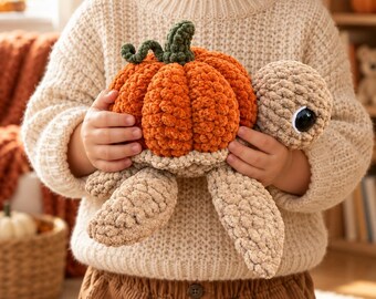 Handmade Crochet Pumpkin Turtle Plush, Autumn Decor, Turtle Stuffed Animal, Cozy Fall Home Decor
