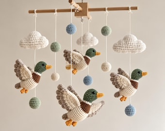 Handmade Crochet Duck Baby Mobile For Nursery Decor, Mallard Duck Woodland Crib Mobile, Gift For New Parents