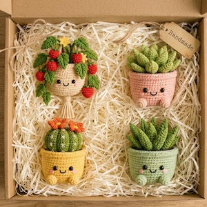 Puede incluir: Un conjunto de cuatro plantas de ganchillo en pequeñas macetas sonrientes dentro de una caja de cartón con relleno de papel. La colección incluye una planta de fresas colgante, una suculenta verde en maceta rosa, un cactus con flores naranjas y una suculenta.