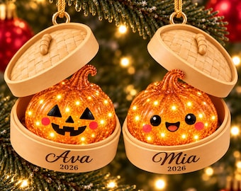 Personalized Pumpkin Dumpling Ornament, Bamboo Steamer Christmas Decoration, Cute Halloween Gift, Glitter Pumpkin Keepsake 2026