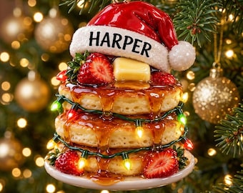 Personalized Pancake Ornament, Custom Name Christmas Tree Decor, 3D Relief Print Breakfast Foodie Gift, Maple Syrup Keepsake