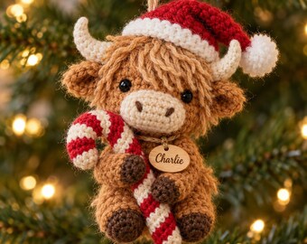 Personalized Crochet Highland Cow Christmas Ornament, Crochet Xmas Decor, Cozy Holiday Decoration
