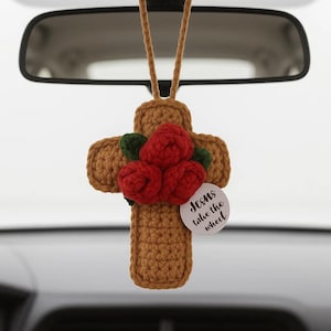 Crochet Cross Car Ornament with Flowers – Christian Rearview Mirror Charm Gift, Handmade Faith Decor