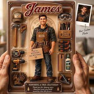 May include: A custom action figure set in packaging featuring a woodworker named James, including a cap, hammer, saw, drill, tape measure, gloves, safety goggles, toolbox, clamps, wood glue, and a sign reading Crafted with Passion Built with Purpose.