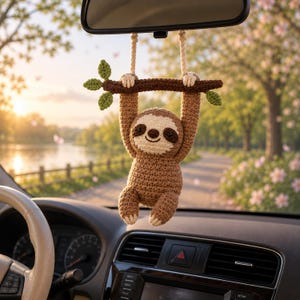 May include: A crocheted sloth hanging from a brown branch with green leaves, suspended by two cream-colored cords. The sloth has a light brown body, a cream-colored face, and dark brown eyes and nose. It is designed to hang from a rearview mirror.
