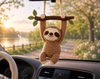 Crochet Sloth Car Charm Hanging, Cute Rear View Mirror Ornament, Handmade Amigurumi Car Accessory, Car Decor, Cute Gift for Her,Friend Gift